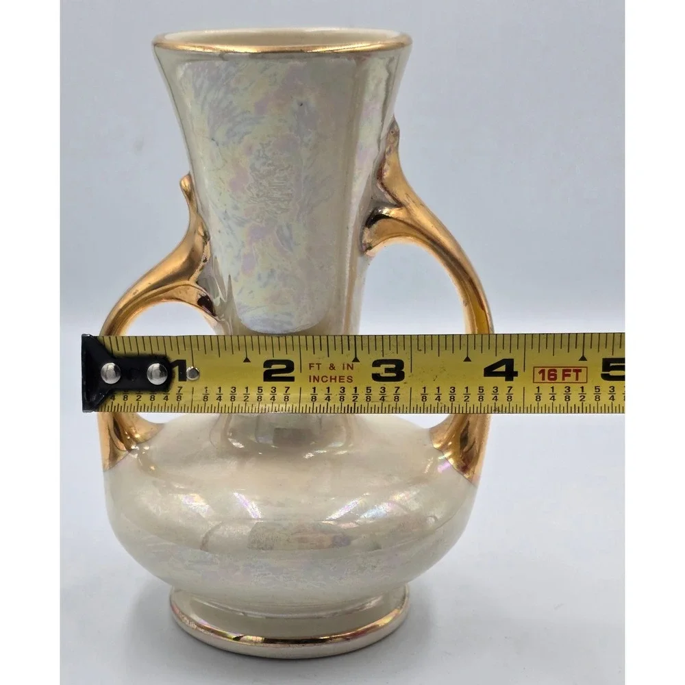 22KT Gold Trim Vintage Pearl China Co Iridescent Lusterware Vase Double Handlled